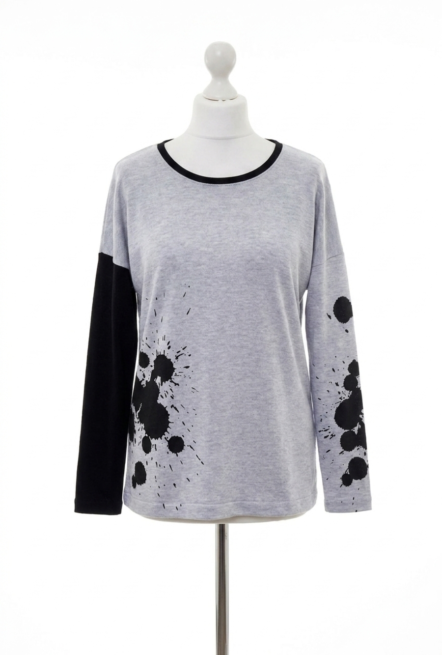 NEW ANGEL splatter color block crew neck sweater in frost combo